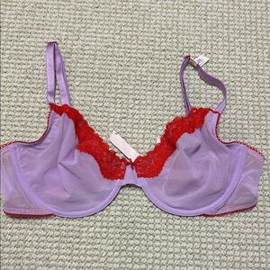 Victoria’s Secret Tease Sheer Lavender & Red Bra 38C NWT